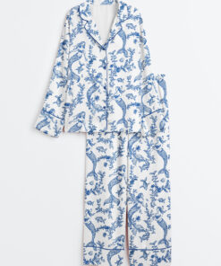 Women's Mermaids Toile de Jouy Print Long Sleeve Satin Pajama Set