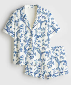 Women's Mermaids Toile de Jouy Print Short Sleeve Satin Pajama Set