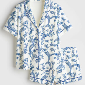 Womenâ€™s Mermaids Toile de Jouy Print Short Sleeve Satin Pajama Set