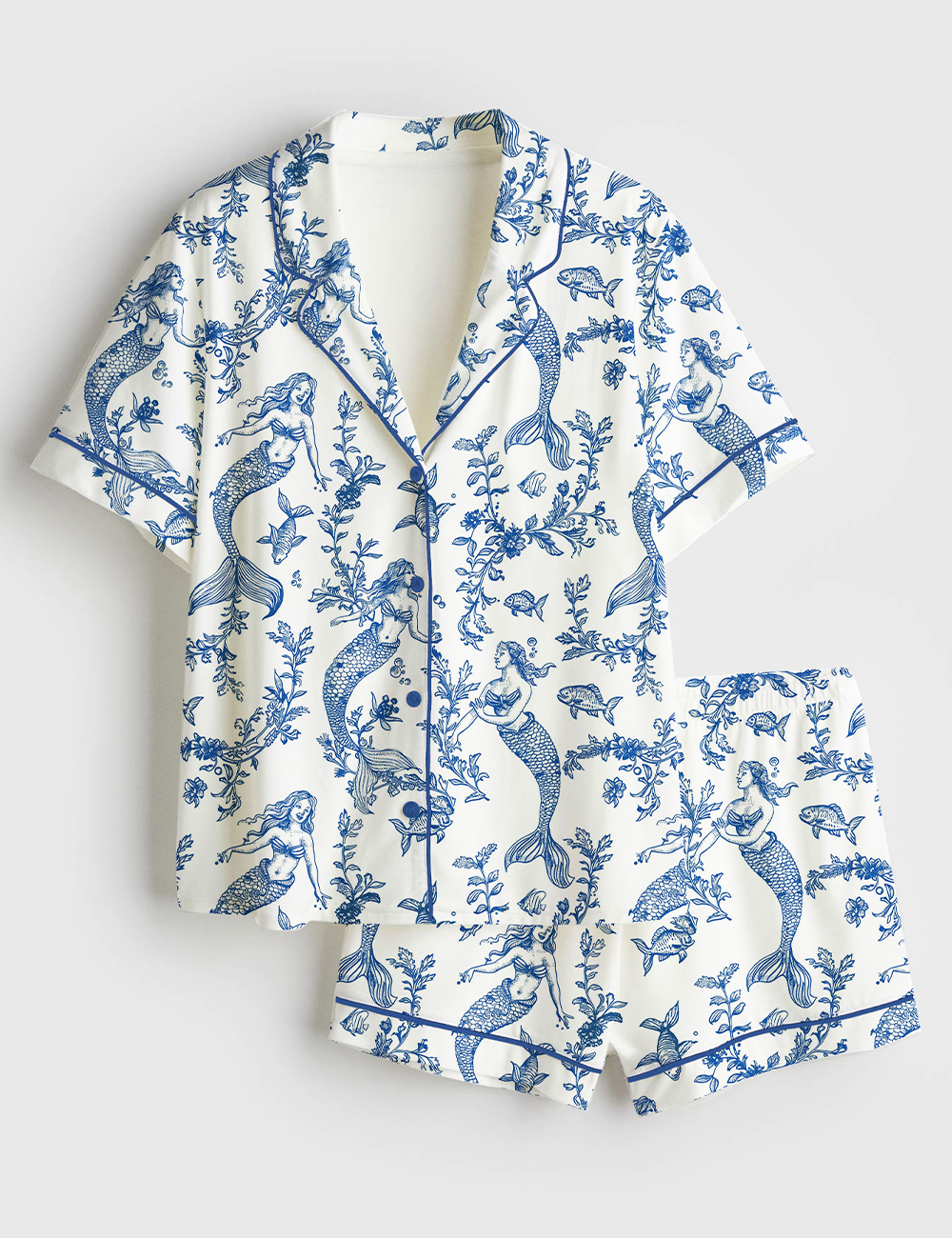 Womenâ€™s Mermaids Toile de Jouy Print Short Sleeve Satin Pajama Set