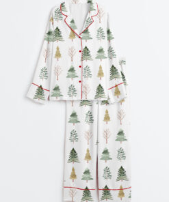 Women's Merry And Bright Trees Christmas Holiday Chic Winter Long Sleeve Satin Pajama Set