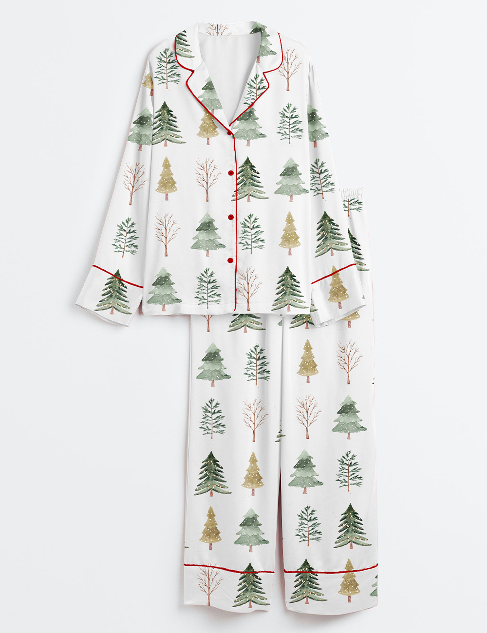 Womenâ€™s Merry And Bright Trees Christmas Holiday Chic Winter Long Sleeve Satin Pajama Set