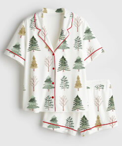 Women's Merry And Bright Trees Christmas Holiday Chic Winter Short Sleeve Satin Pajama Set