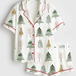 Womenâ€™s Merry And Bright Trees Christmas Holiday Chic Winter Short Sleeve Satin Pajama Set