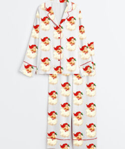 Women's Merry And Bright Vintage Santa Christmas Retro Santa Claus Christmas Family Long Sleeve Satin Pajama Set