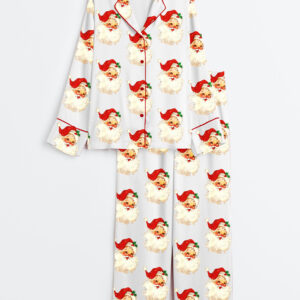 Women's Merry And Bright Vintage Santa Christmas Retro Santa Claus Christmas Family Long Sleeve Satin Pajamas Set