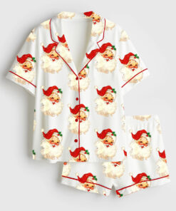 Women's Merry And Bright Vintage Santa Christmas Retro Santa Claus Christmas Family Short Sleeve Satin Pajama Set