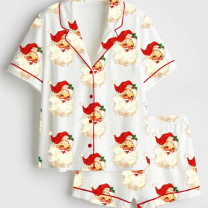 Womenâ€™s Merry And Bright Vintage Santa Christmas Retro Santa Claus Christmas Family Short Sleeve Satin Pajama Set