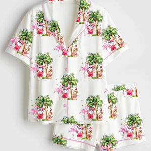 Womenâ€™s Merry Beachmas Christmas Palm Tree Pink Flamingo Short Sleeve Satin Pajama Set