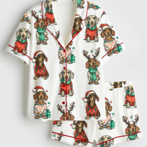 Womenâ€™s Merry Christmas Dachshund Dog Short Sleeve Satin Pajama Set