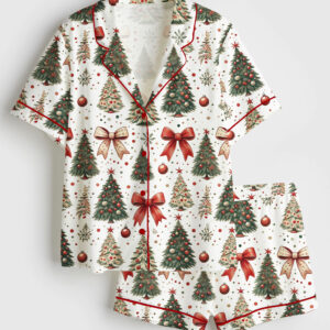 Women's Merry Christmas Holiday Short Sleeve Satin Pajamas Set