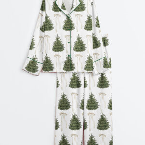 Womenâ€™s Merry Christmas Tree White Coquette Long Sleeve Satin Pajama Set