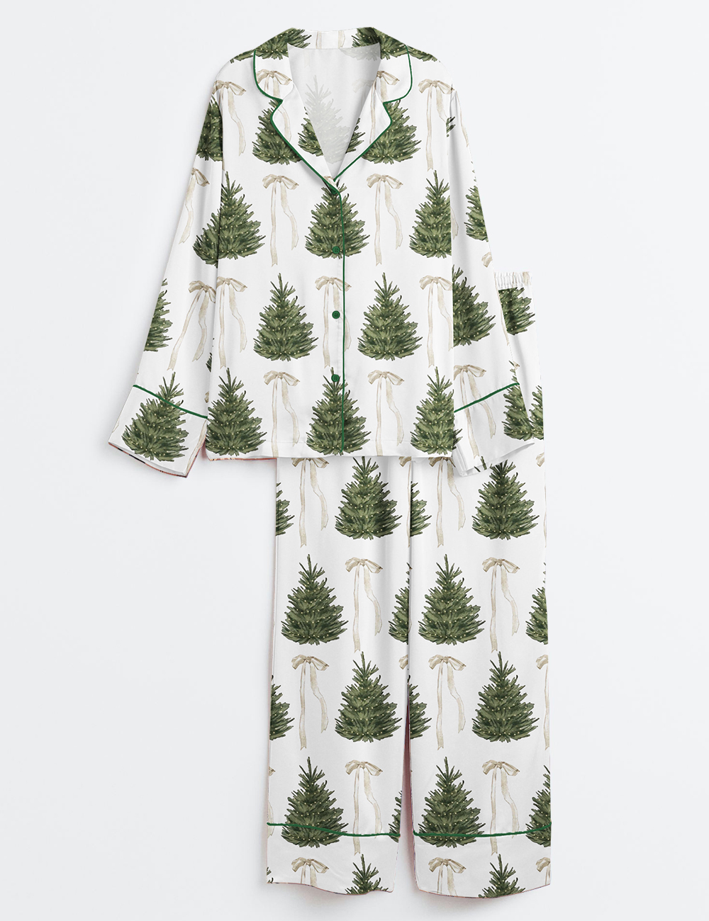 Womenâ€™s Merry Christmas Tree White Coquette Long Sleeve Satin Pajama Set