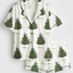 Womenâ€™s Merry Christmas Tree White Coquette Short Sleeve Satin Pajama Set
