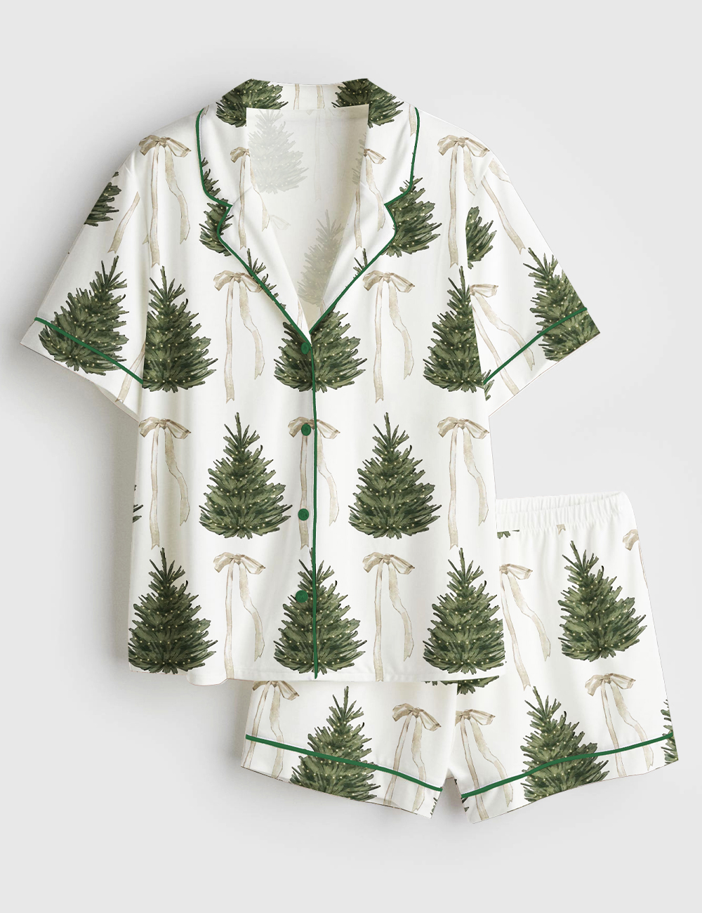 Womenâ€™s Merry Christmas Tree White Coquette Short Sleeve Satin Pajama Set