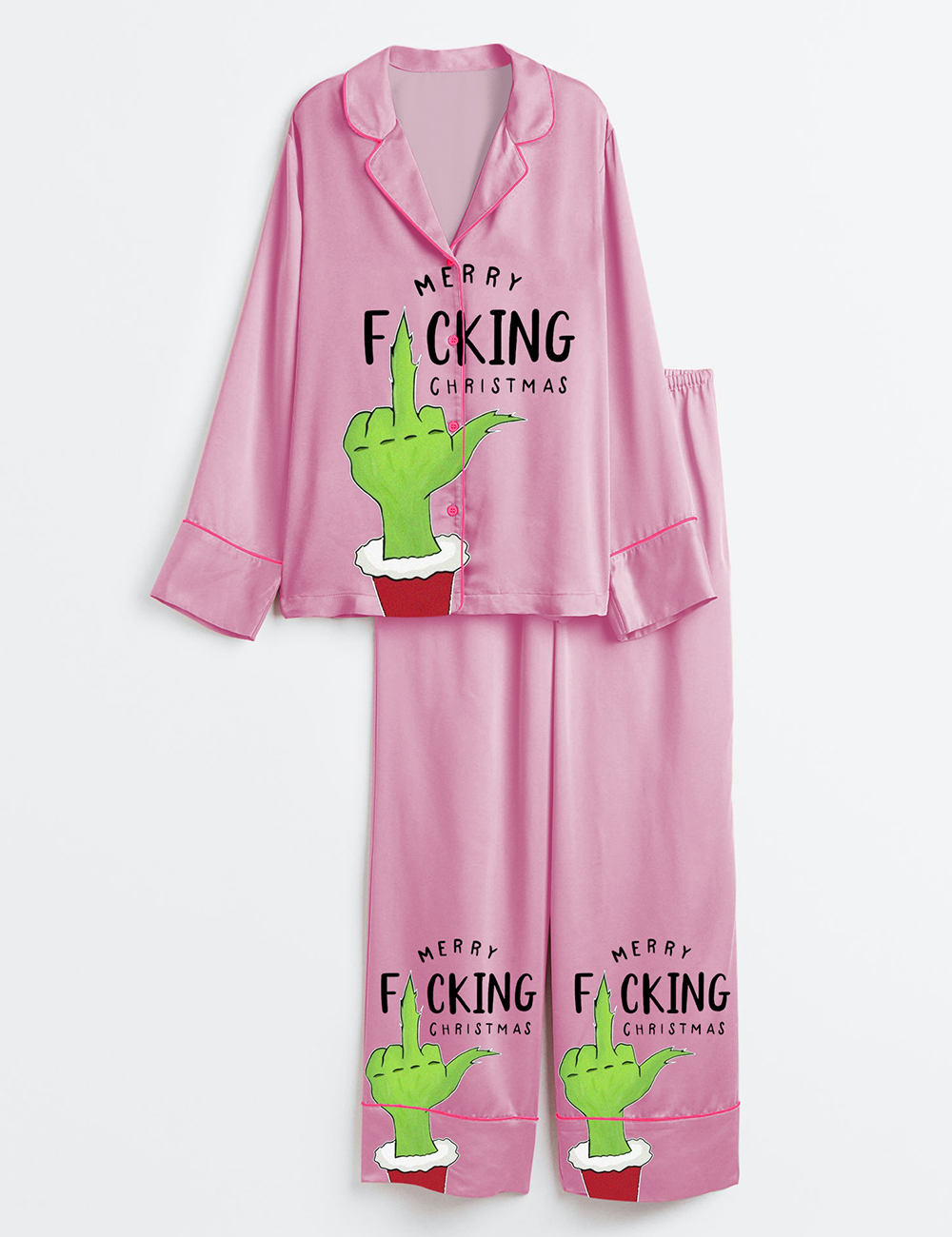 Womenâ€™s Merry Grinch Pink Christmas Long Sleeve Satin Pajama Set