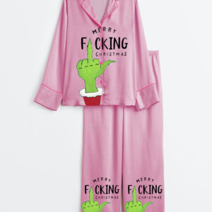 Women's Merry Grinch Pink Christmas Long Sleeve Satin Pajamas Set