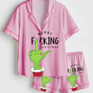Womenâ€™s Merry Grinch Pink Christmas Short Sleeve Satin Pajama Set