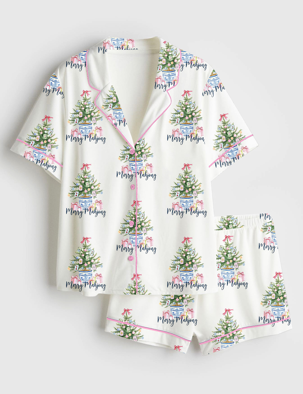 Womenâ€™s Merry Mahjong Chinoiserie Christmas Short Sleeve Satin Pajama Set