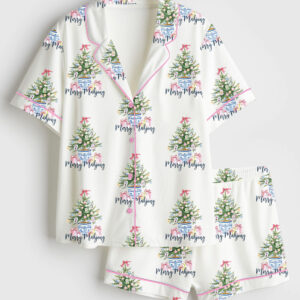 Women's Merry Mahjong Chinoiserie Christmas Short Sleeve Satin Pajamas Set