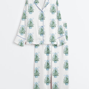 Women's Merry Mahjong Chinoiserie Christmas Tree Holiday Long Sleeve Satin Pajamas Set