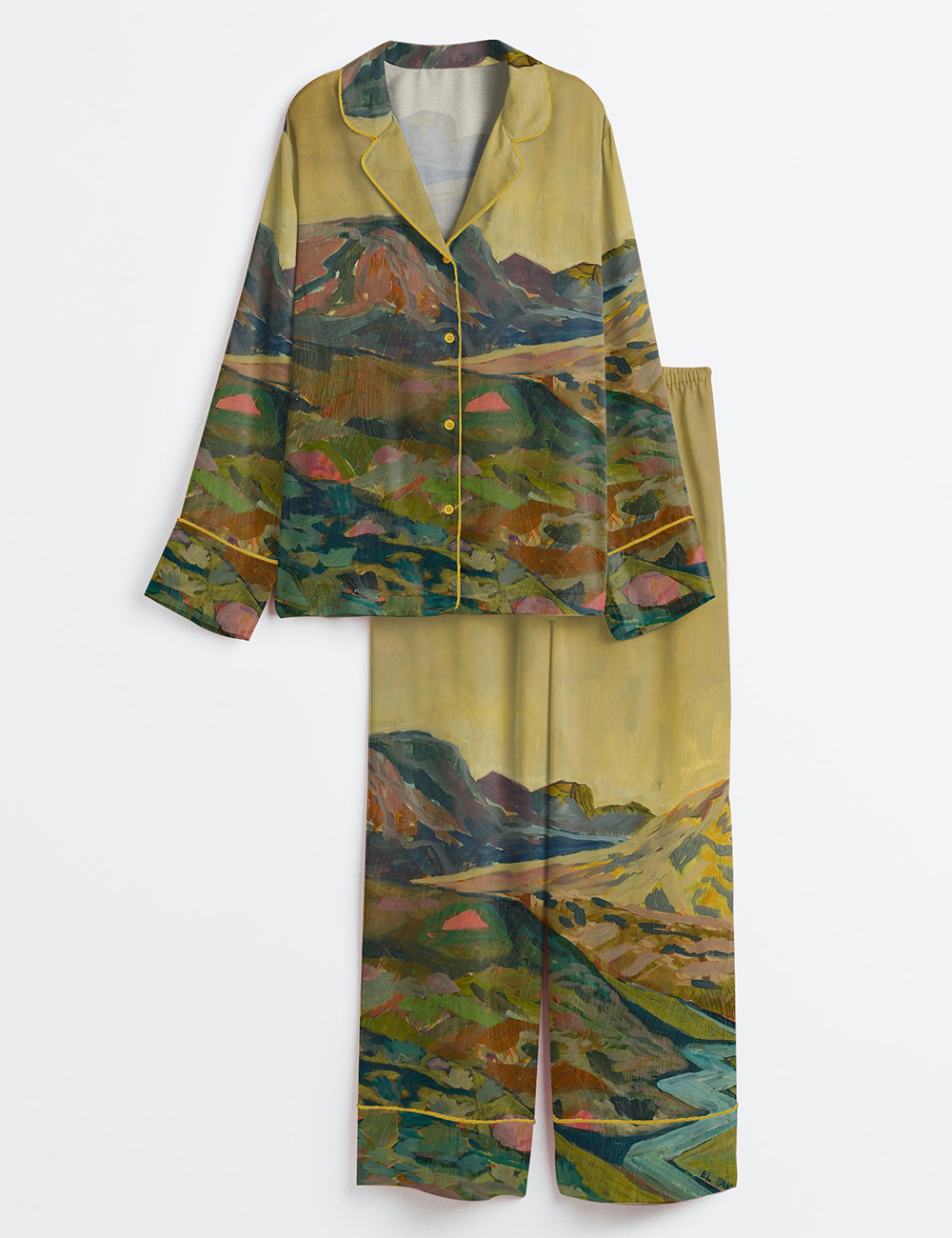 Womenâ€™s Midcentury Modern Western Landscape Vintage California Colorado Print Long Sleeve Satin Pajama Set