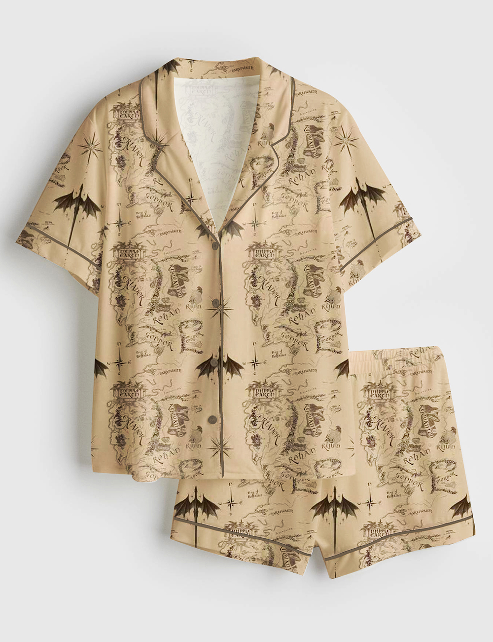 Womenâ€™s Middle Earth Map Print Lord Of The Rings Short Sleeve Satin Pajama Set