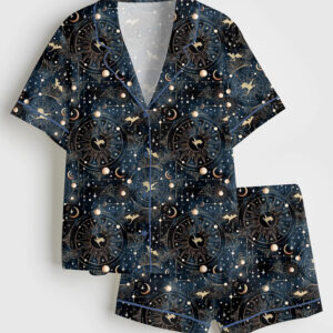 Womenâ€™s Midnight Celestial Dragon Gold Fantasy Moon Star Short Sleeve Satin Pajama Set