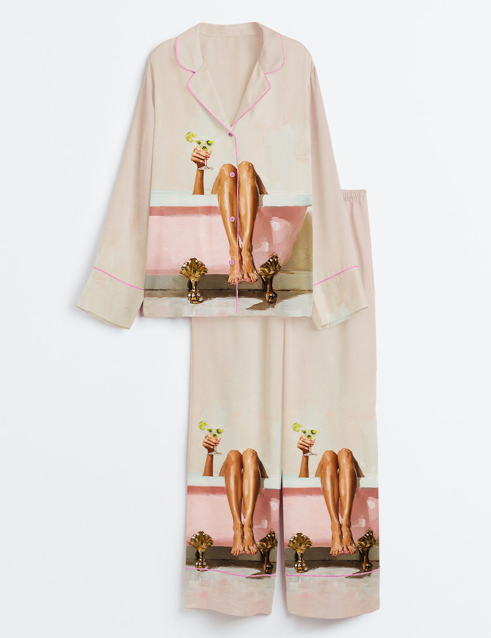 Womenâ€™s Modern Bathroom Pink Bathtub With Martini Glass Long Sleeve Satin Pajama Set