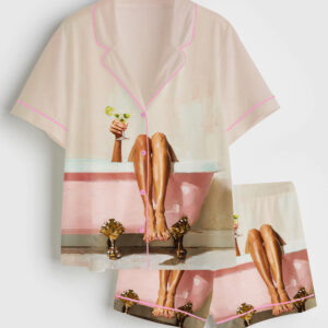 Womenâ€™s Modern Bathroom Pink Bathtub With Martini Glass Short Sleeve Satin Pajama Set
