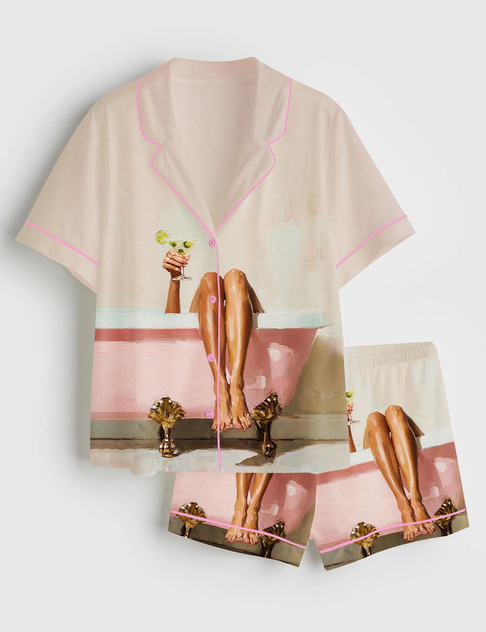 Womenâ€™s Modern Bathroom Pink Bathtub With Martini Glass Short Sleeve Satin Pajama Set