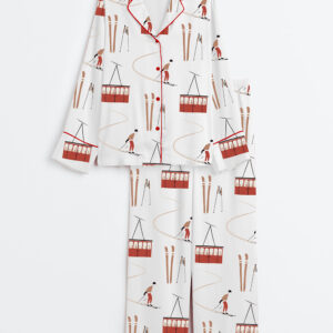 Womenâ€™s Modern Skiing Winter Sports Skiers On Chairlift Long Sleeve Satin Pajama Set