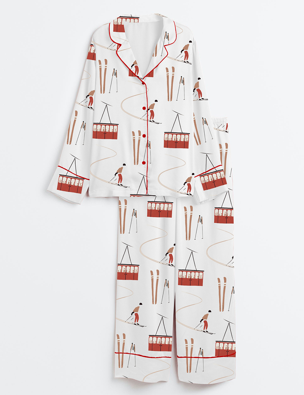 Womenâ€™s Modern Skiing Winter Sports Skiers On Chairlift Long Sleeve Satin Pajama Set