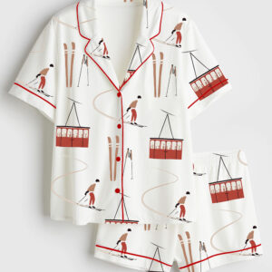 Womenâ€™s Modern Skiing Winter Sports Skiers On Chairlift Short Sleeve Satin Pajama Set