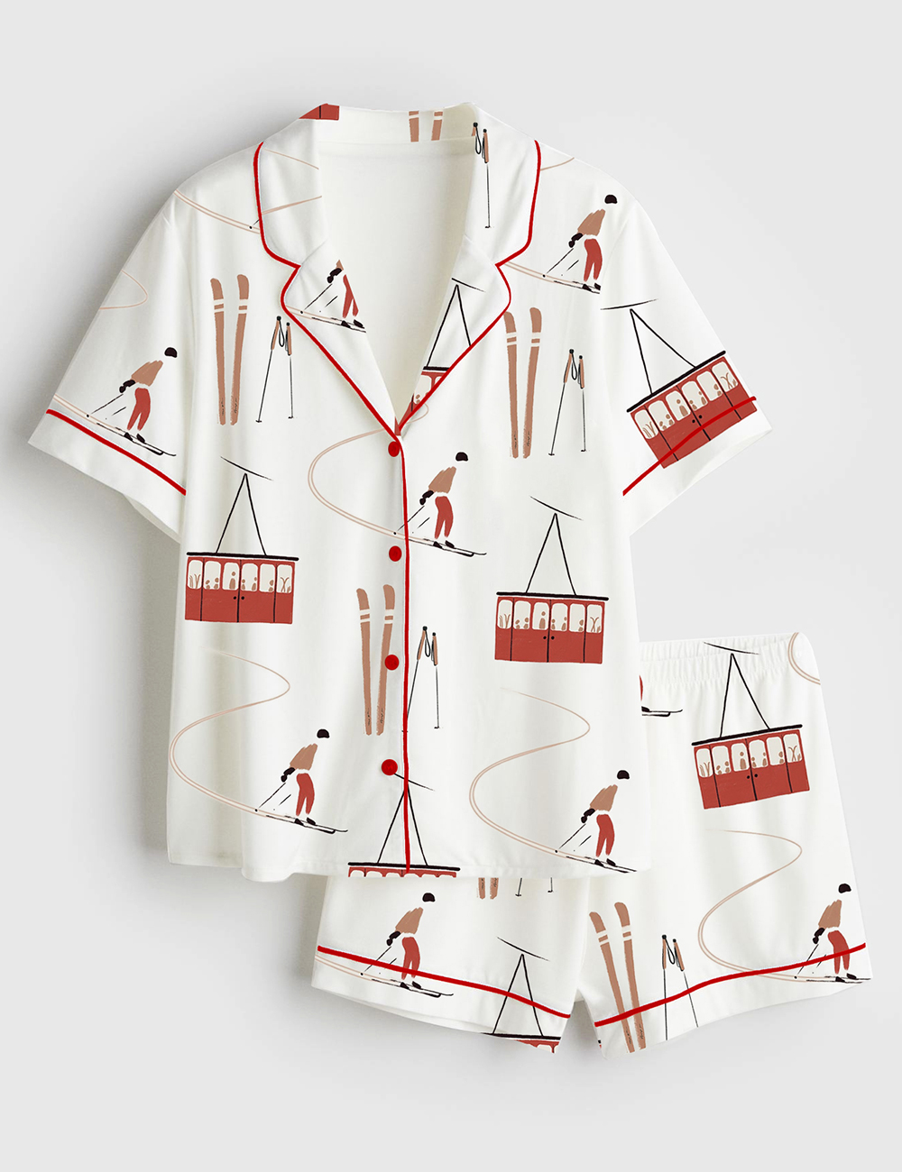 Women’s Modern Skiing Winter Sports Skiers On Chairlift Short Sleeve Satin Pajama Set