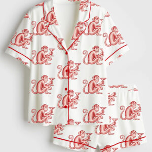 Womenâ€™s Monkey Drinking Martini Cocktail Wine Short Sleeve Satin Pajama Set