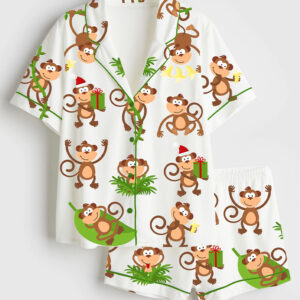Women's Monkeys Short Sleeve Satin Pajama Set