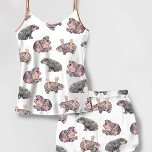 Women's Moo Deng Baby Hippo Camisole Satin Pajama Set 