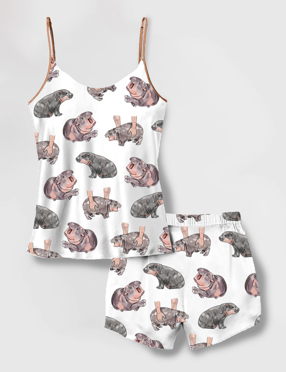 Women's Moo Deng Baby Hippo Camisole Satin Pajama Set