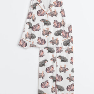 Women's Moo Deng Baby Hippo Satin Long Sleeve Pajama Set