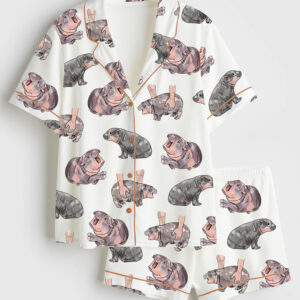 Women's Moo Deng Baby Hippo Satin Pajama Set