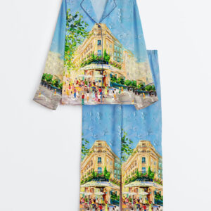 Women's Morning Stroll At Cafe De Flore Paris City Walk Long Sleeve Satin Pajamas Set