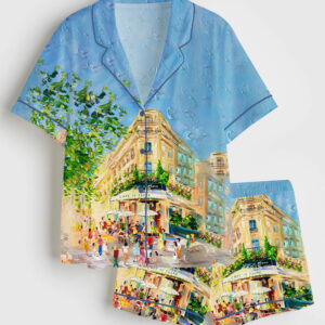 Womenâ€™s Morning Stroll At Cafe De Flore Paris City Walk Short Sleeve Satin Pajama Set