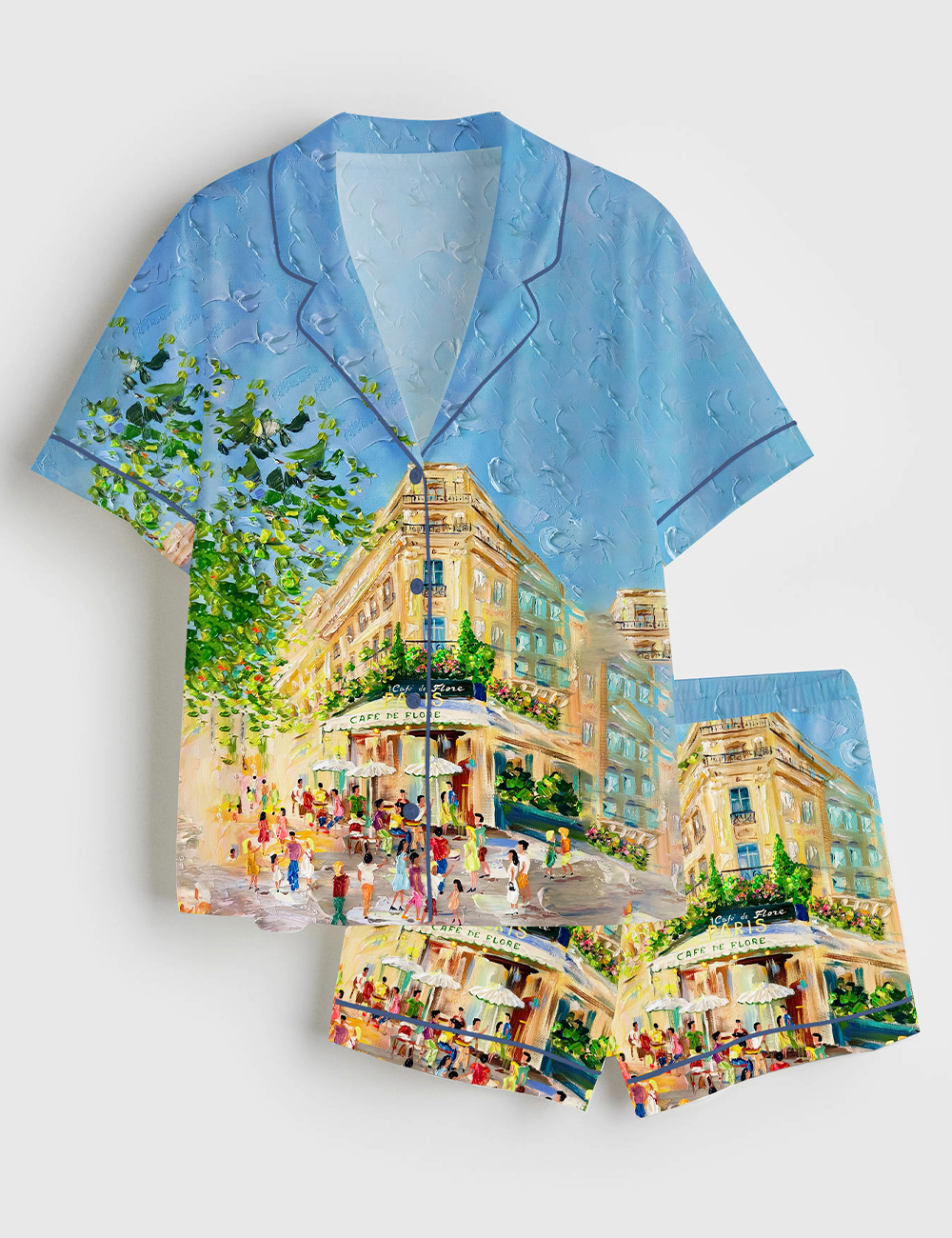 Women’s Morning Stroll At Cafe De Flore Paris City Walk Short Sleeve Satin Pajama Set