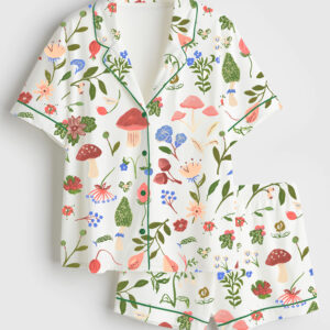 Womenâ€™s Mushroom Floral Garden Party Short Sleeve Satin Pajama Set