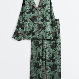 Women's Mystic Crows Halloween Long Sleeve Satin Pajamas Set