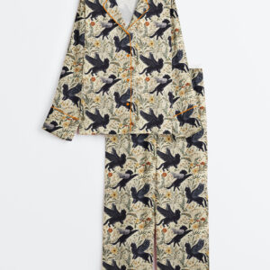 Womenâ€™s Mythical Black Cats Botanicals Long Sleeve Satin Pajama Set