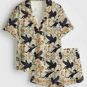 Womenâ€™s Mythical Black Cats Botanicals Short Sleeve Satin Pajama Set