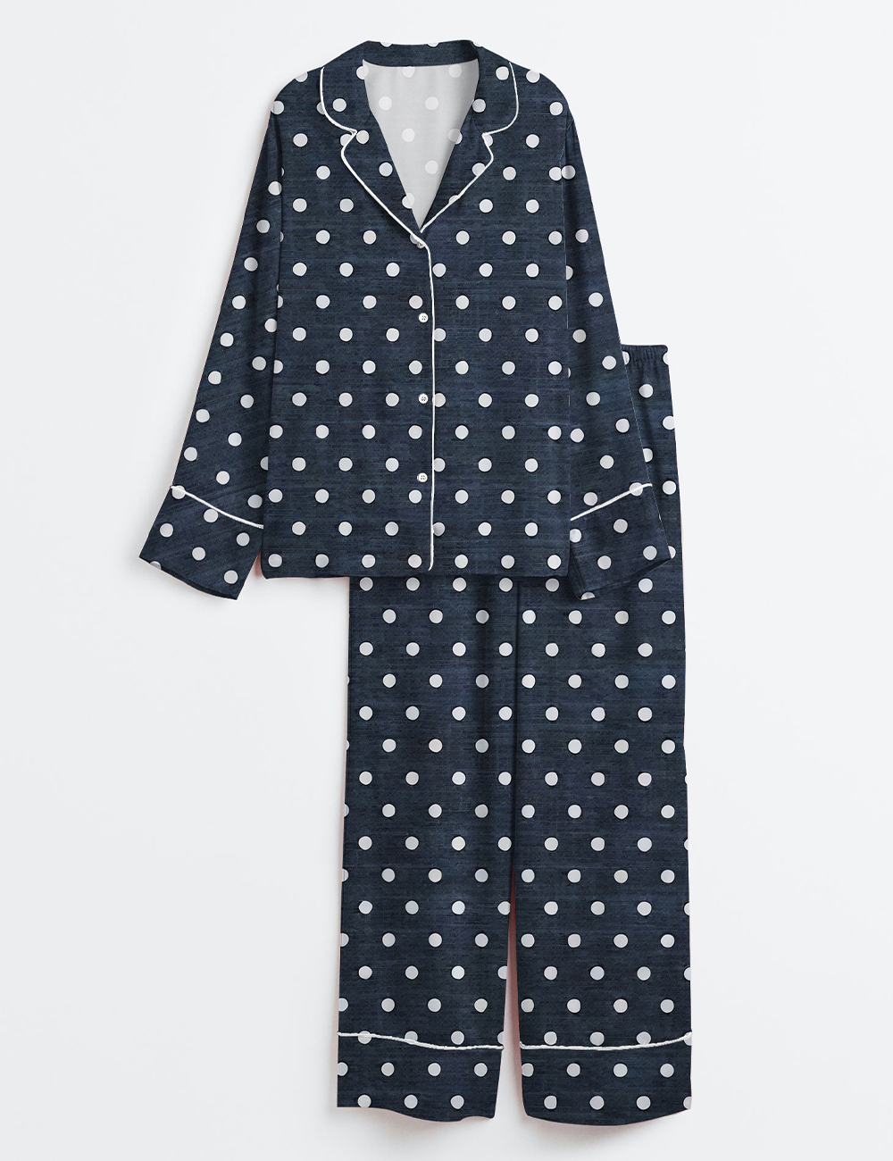 Womenâ€™s Navy Blue Polkadot Long Sleeve Satin Pajama Set