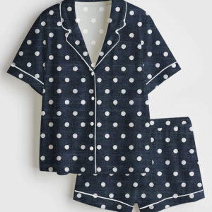 Womenâ€™s Navy Blue Polkadot Short Sleeve Satin Pajama Set